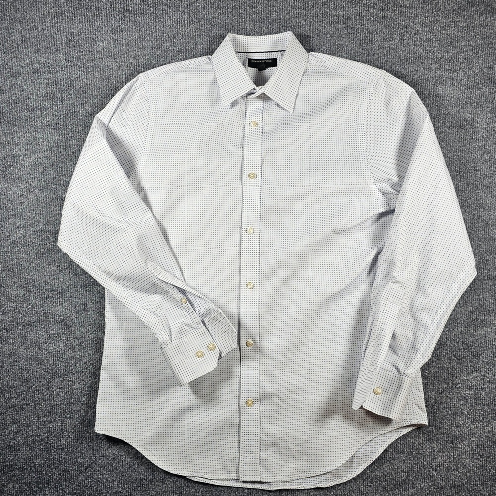 Banana Republic Mens Non Iron Slim Fit Dress Shirt Blue White Pattern L 16-16.5